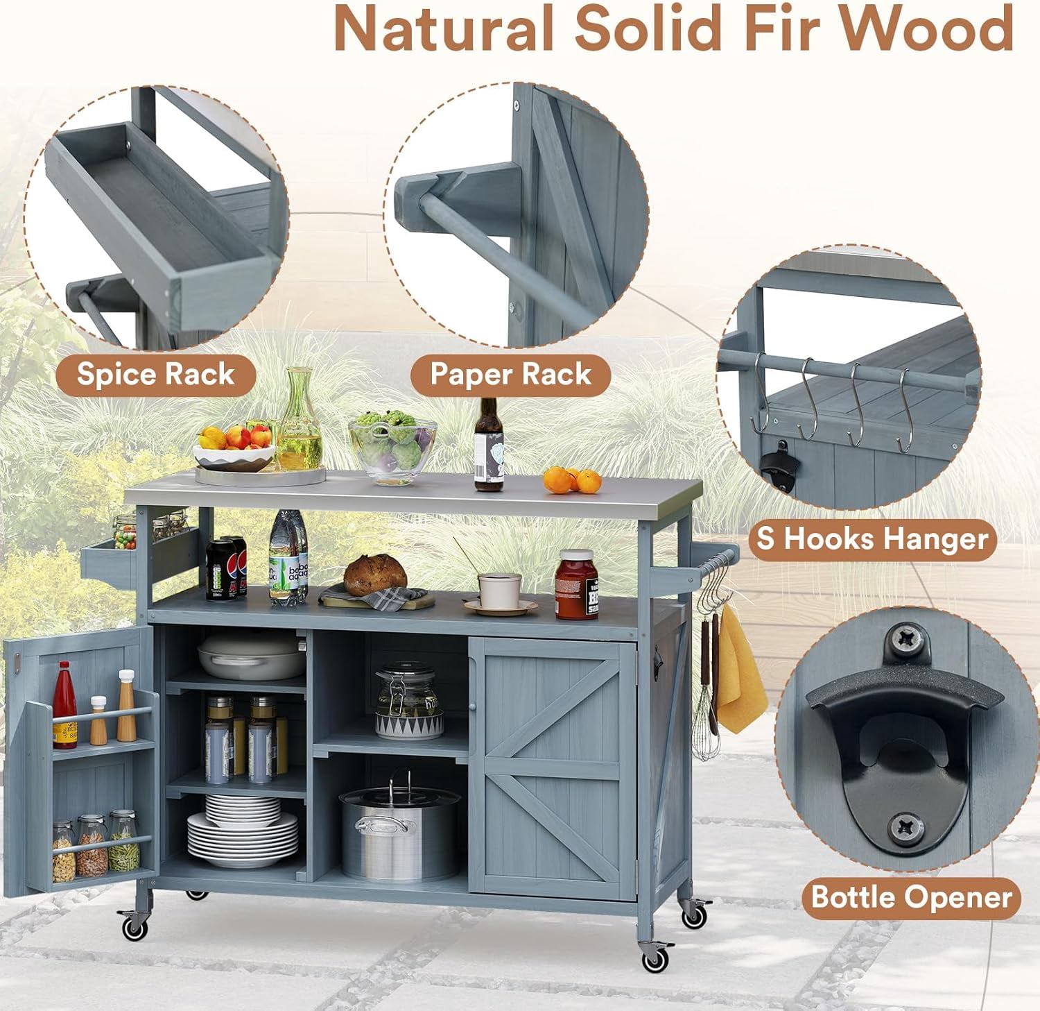 ZIVACATE Outdoor Grill Cart Solid Wood Kitchen Island Stainless Steel Tabletop with Wheels