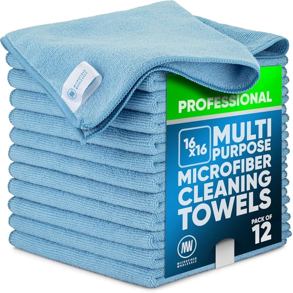 MW Pro Multi-Surface Microfiber Towel – 12 Pack | Premium Cleaning Cloth | Clean, Buff, Dust, Polish, Absorb | Large 16"x16" (Blue)