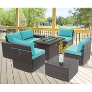 ALAULM Outdoor Patio Furniture Set with Propane Fire Pit Table, 7 Pieces Outdoor Furniture Patio Sectional Sofa Conversation Sets w/ETL Approved 43" Gas Outdoor Fire Table & Coffee Table, Blue