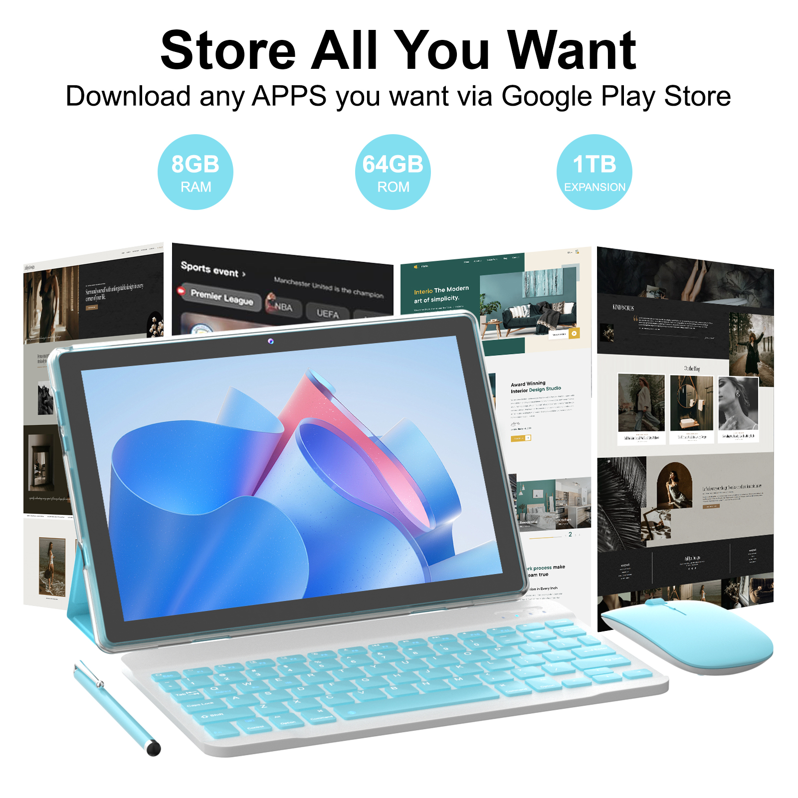 Android 15 Tablet 2 in 1 Tablets 10 Inch Tablet with Keyboard Mouse Case Protective Stylus 10.1" Tab 8GB+64GB Support 1TB Expansion 2MP+8MP Dual Camera 6000mAh Battery Bluetooth WIFI-6, Blue