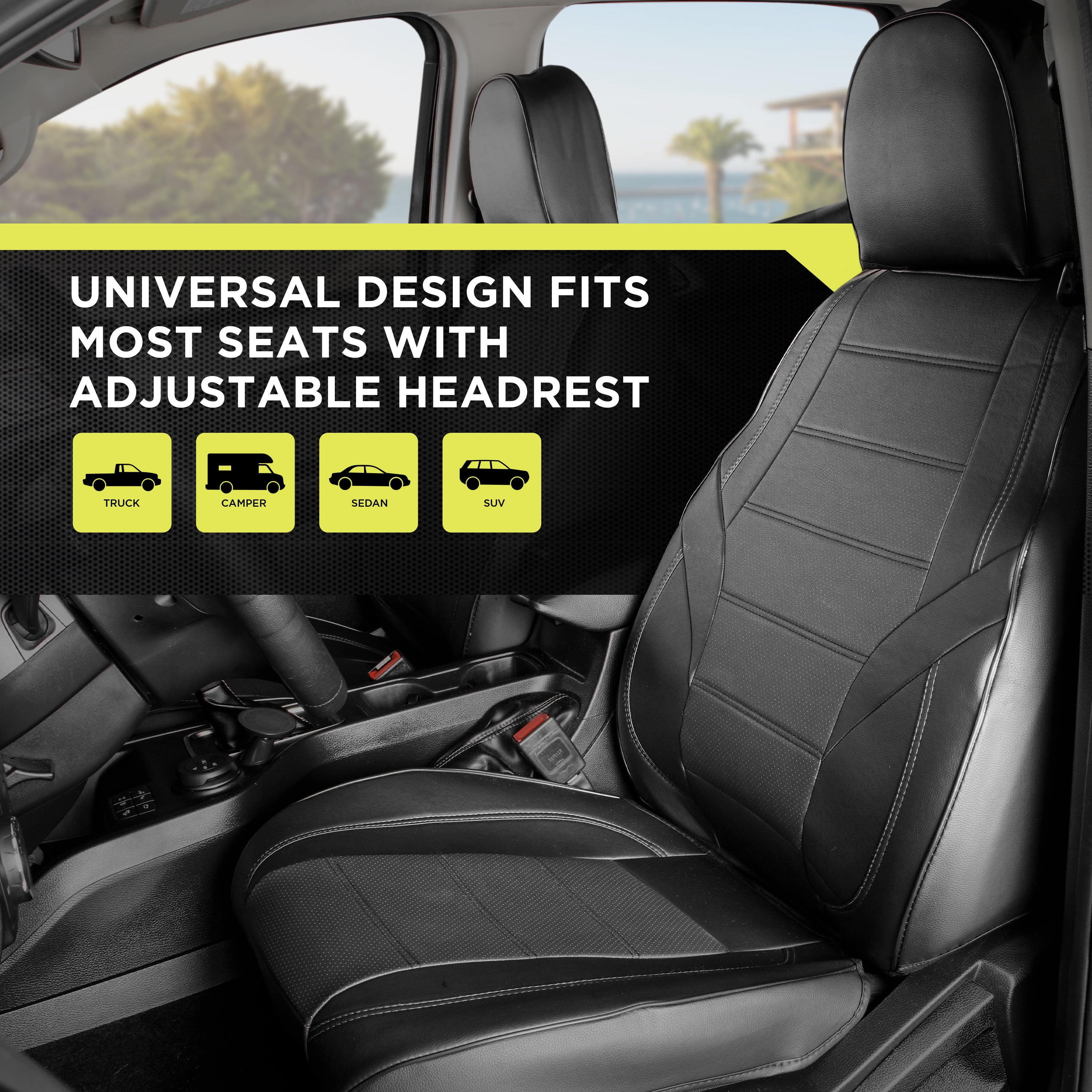 Auto Drive Full Faux Leather Seat Covers - 2 Pack - Black, Universal Fit