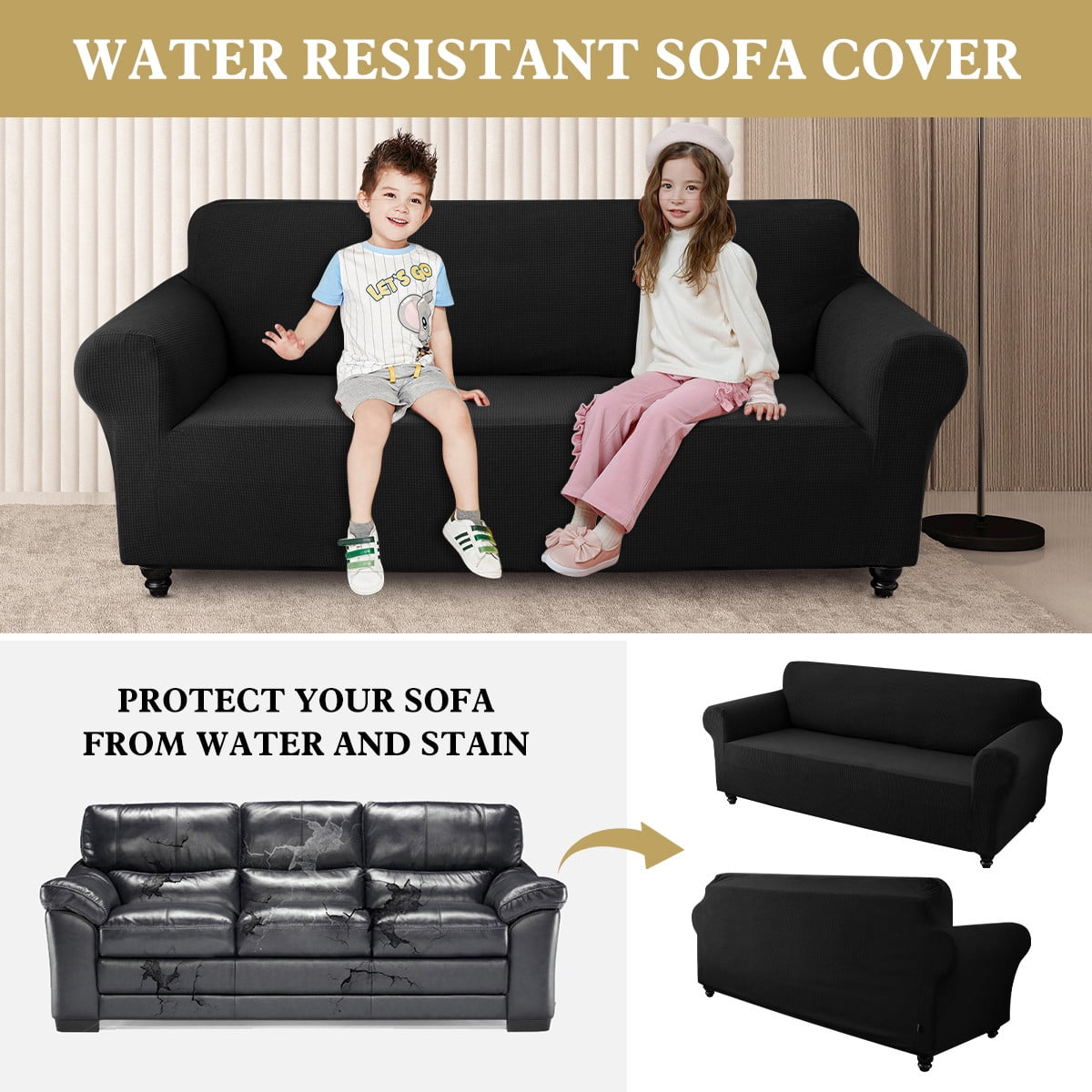 Sanmadrola Couch Cover Water Resistant Stretch Sofa Slipcover Jacquard Furniture Protector for Kids Pets Dog Cat, Black, Sofa
