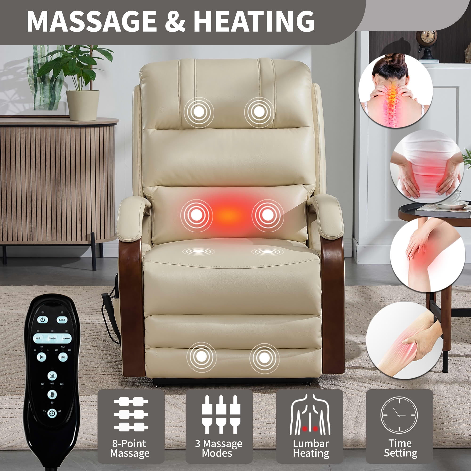 MAYEERTY Beige Leatheraire Dual Motor Power Lift Recliner, 350lbs Solid Wood Armrest Massage Heat 30"x36"x43" for Elderly