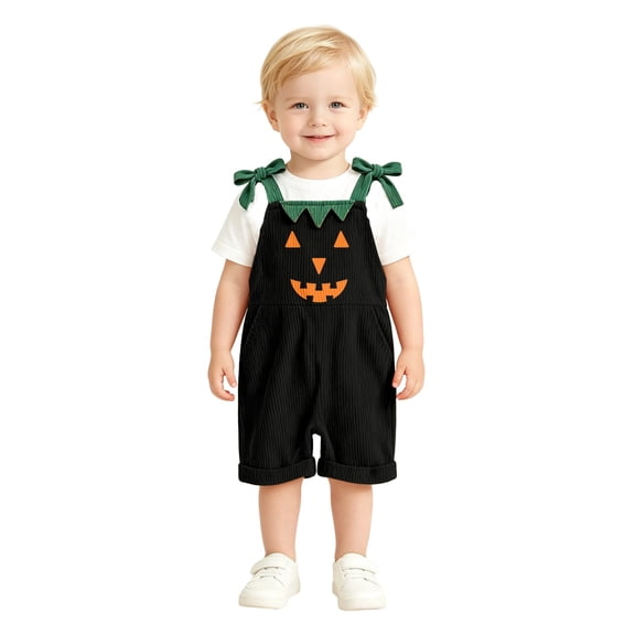 Gunia Baby Girl Halloween Outfit Corduroy Casual Toddler Romper With Pumpkin Face One Piece Jumpsuit Outfits Black 12-18 Months