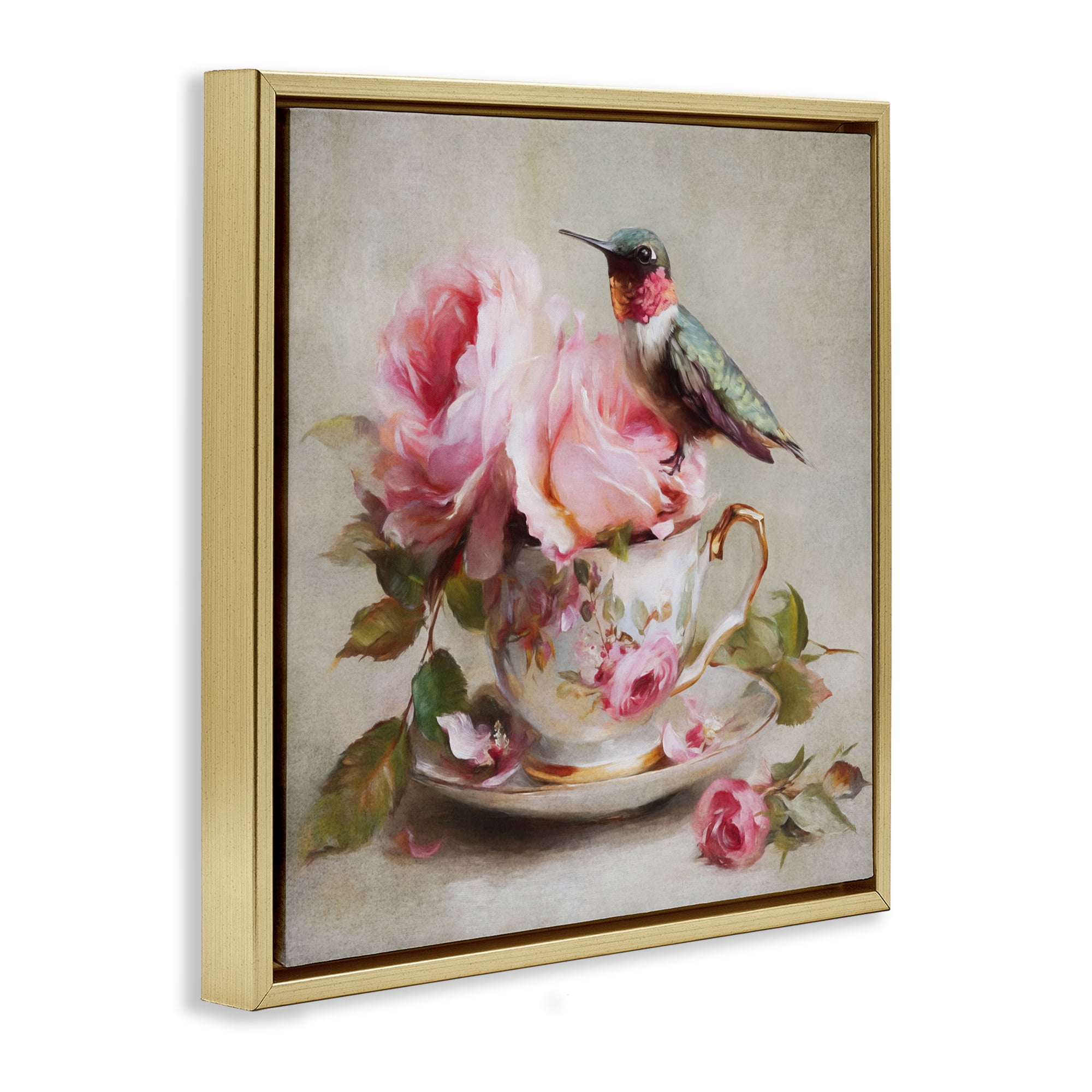 Stupell Industries Hummingbird & Tea Cup Gold Framed Floater Canvas Wall Art, design by Tina LeCour
