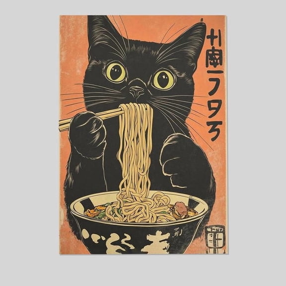 Generic Vintage Japanese Noodle Black Cat Canvas Poster Size 24''x36'' -Gategoo