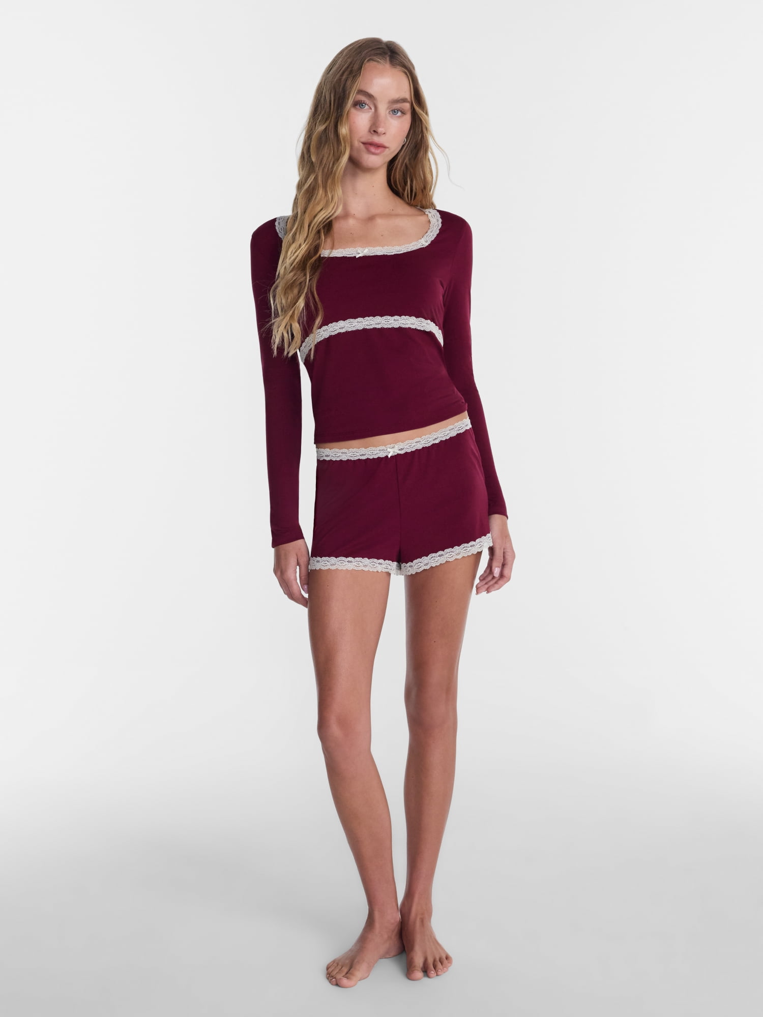 No Boundaries Cotton Blend Jersey Lace Sleep Shorts, Women’s XXS-3X