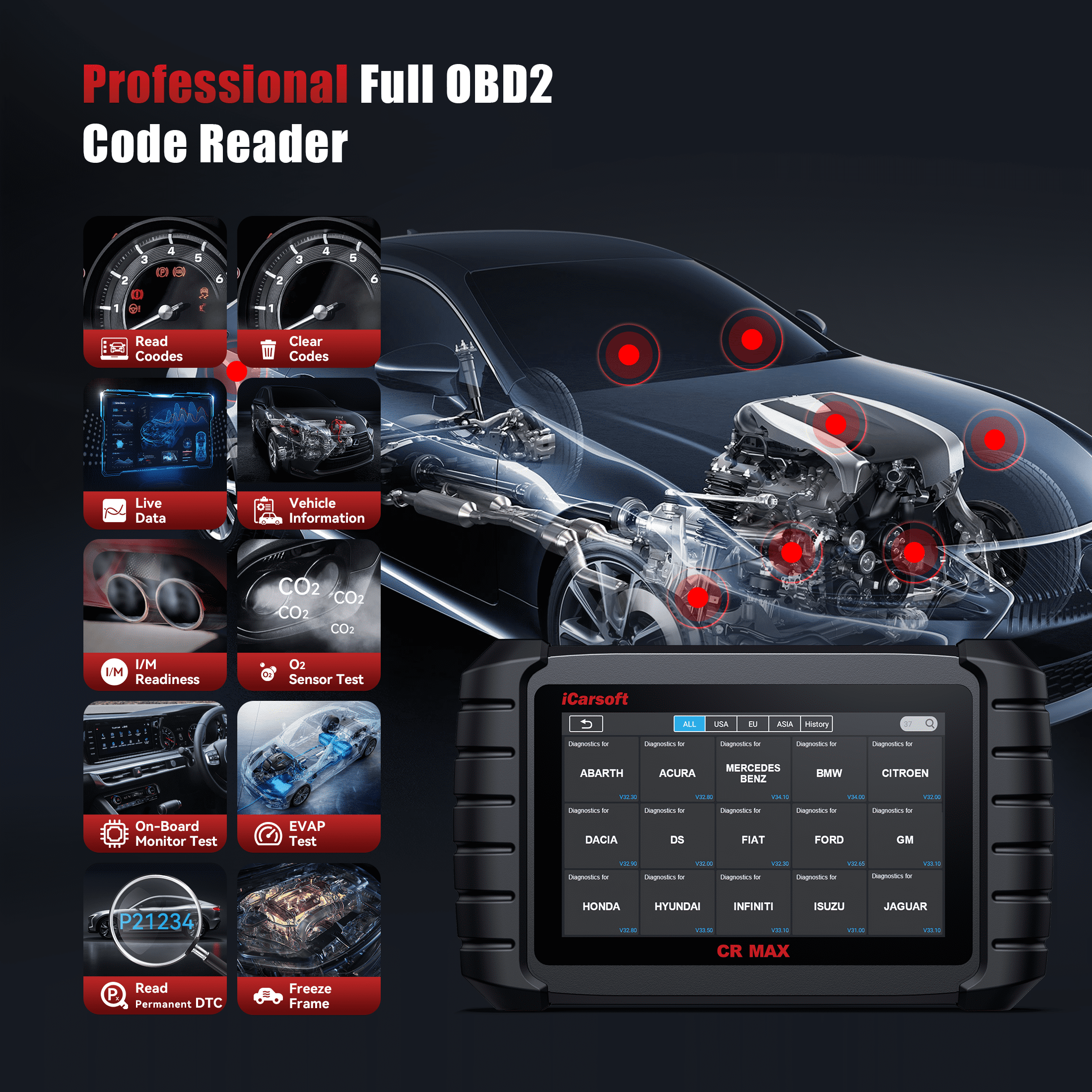 iCarsoft CR MAX 2025 Ver Bidirectional Scan Tool All System Diagnosis 49+ Services 47+ Special Functions Full Active Test OBD2 Scanner Diagnostic Tool Car Code Reader ECU Coding CAN FD Free Update