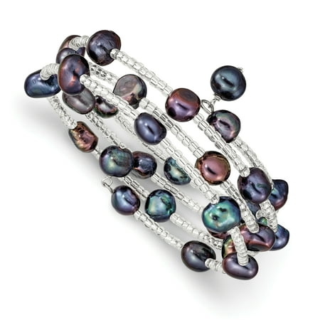 - 7-8mm Black FWC Pearl Glass Bead 3 row Coil Slip-on Bangle Bracelet