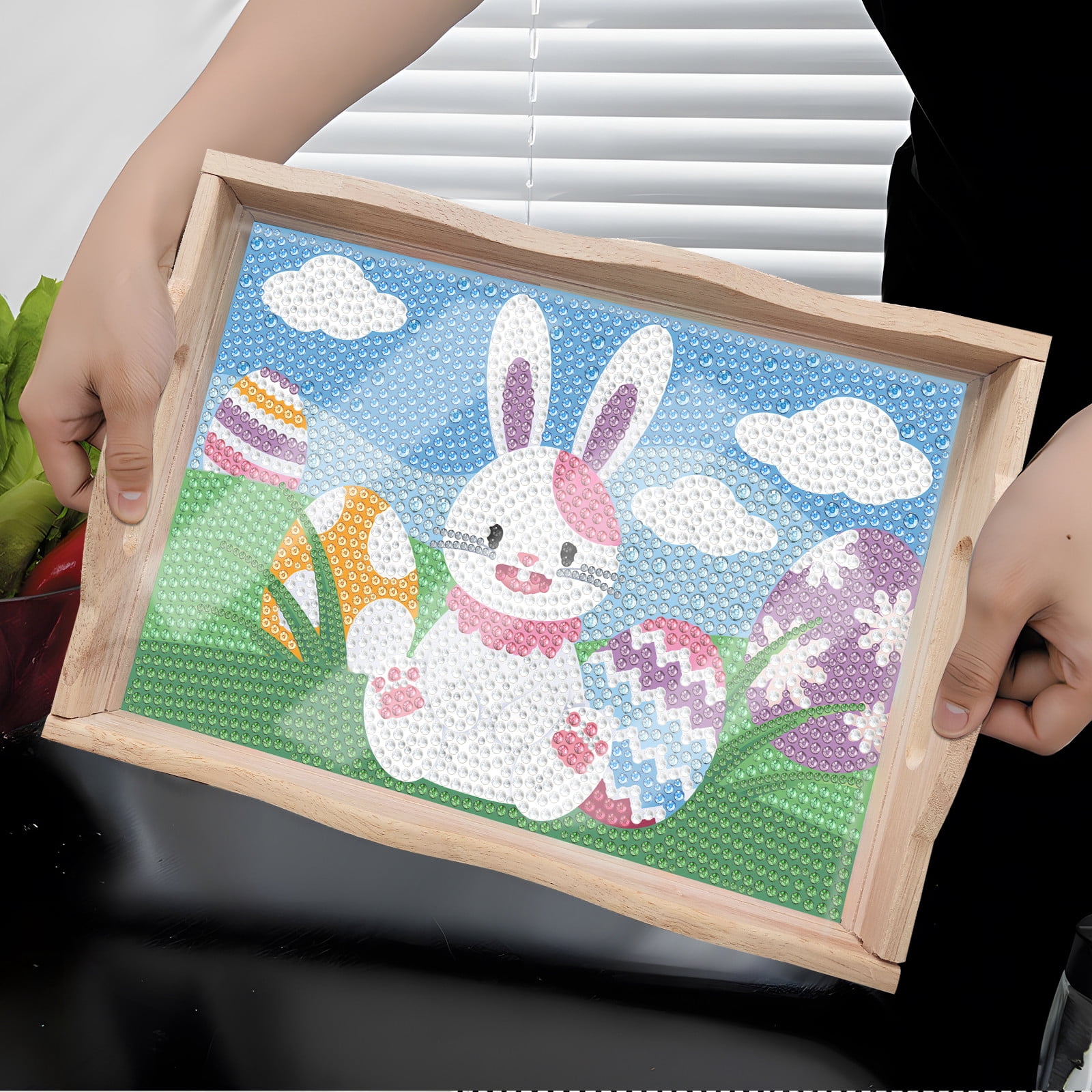 FLOPESN 2Pcs Easter Bunny DIY Diamond Art PaintingTray, Creative Design Handmade Wooden Dinner Plate For Kitchen、Coffee Shop