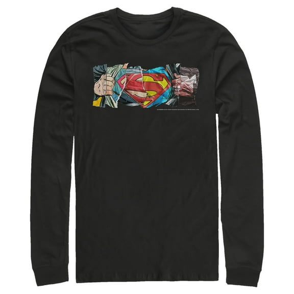 Men's Superman Logo Ripped Paper Long Sleeve Shirt Black Large