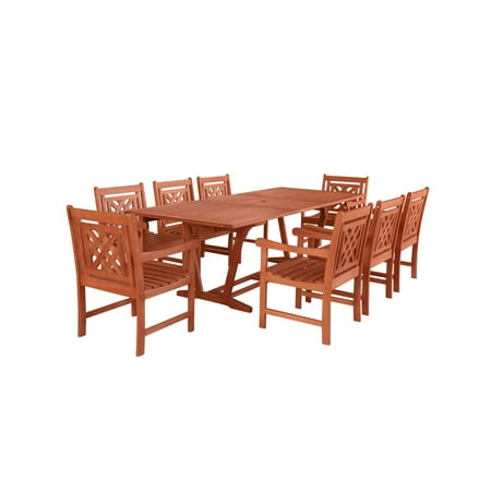 Extendable Table And 6 Chairs 9-Piece Brown Natural Wood Finish Extendable Table Outdoor Furniture Patio Dining Set with Plaid Chairs 91