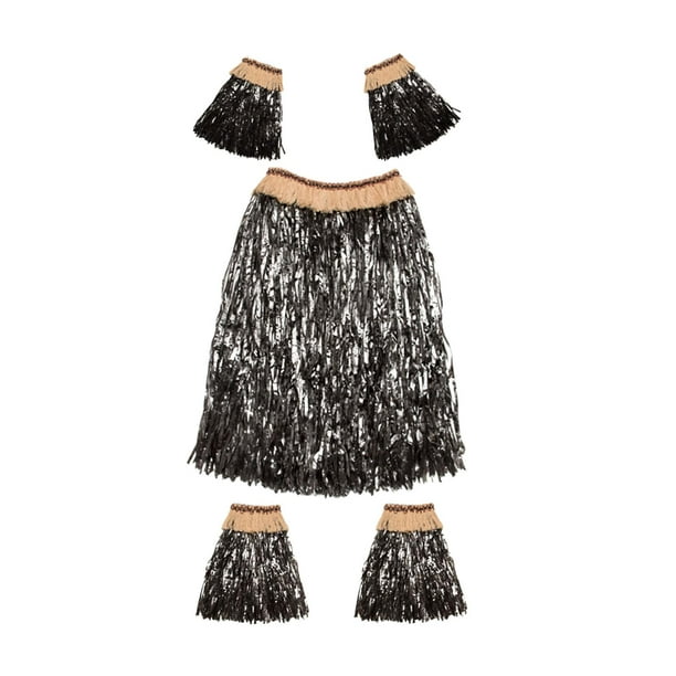 Hawaiian Grass Skirt Costume Set for Luau Party Decorations Fancy Dress  Black 
