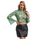 thumbnail image 3 of Top corto de malla con estampado Floral de discoteca de los años 70 para mujer, camiseta con cuello levantado y manga larga acampanada con ribete con volantes, camisola Estilo bohemio, 3 of 5