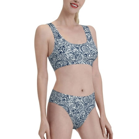Uemuo Paisley4 Printed Women s High Waisted Bikini Sets Sporty Two Piece Swimsuits Color Block Cheeky High Cut Bathing Suits-XX-Large