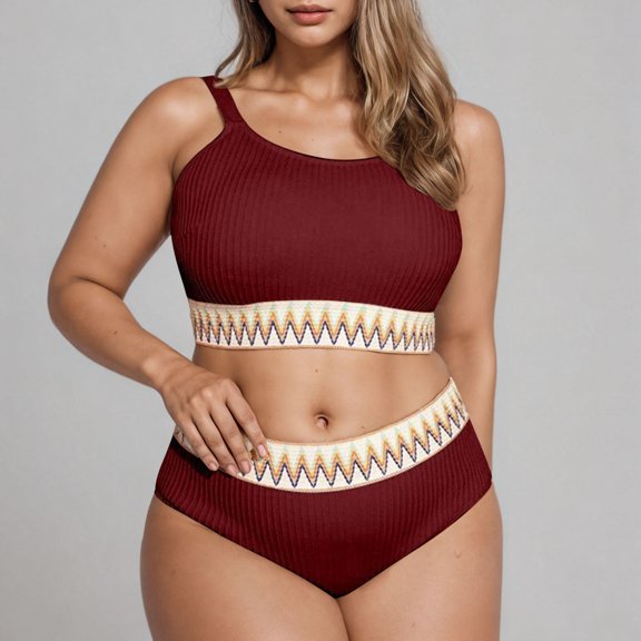 Ytndtr Women's Plus Size High Waisted Ribbed Bikini Set Boho Trim Two Piece Swimsuit for Beach Vacation