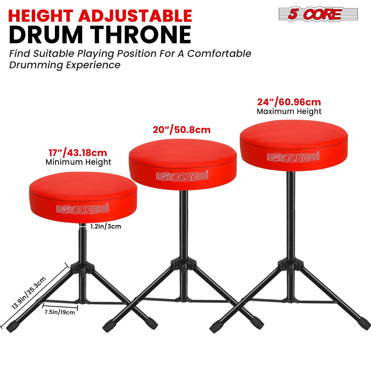 3” High-Density Sponge Drum Throne - Adjustable 17”-24” Musician Stool with Non-Slip Base, 330 lbs Capacity for Drummers & Guitarists