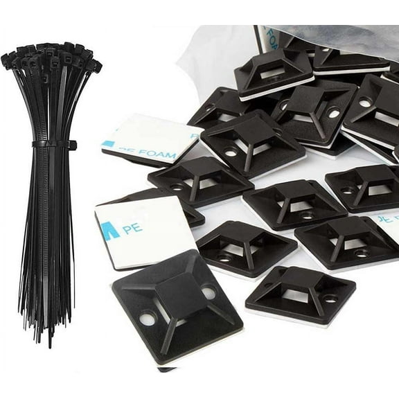 Zip Tie Mounts and Zip Ties - Small Cable Tie Adhesive Mount, 3/4in black 100 Sets. Wires Zip Tie Adhesive-backed anchors for Pedal Board Cable Management Outdoor Indoor