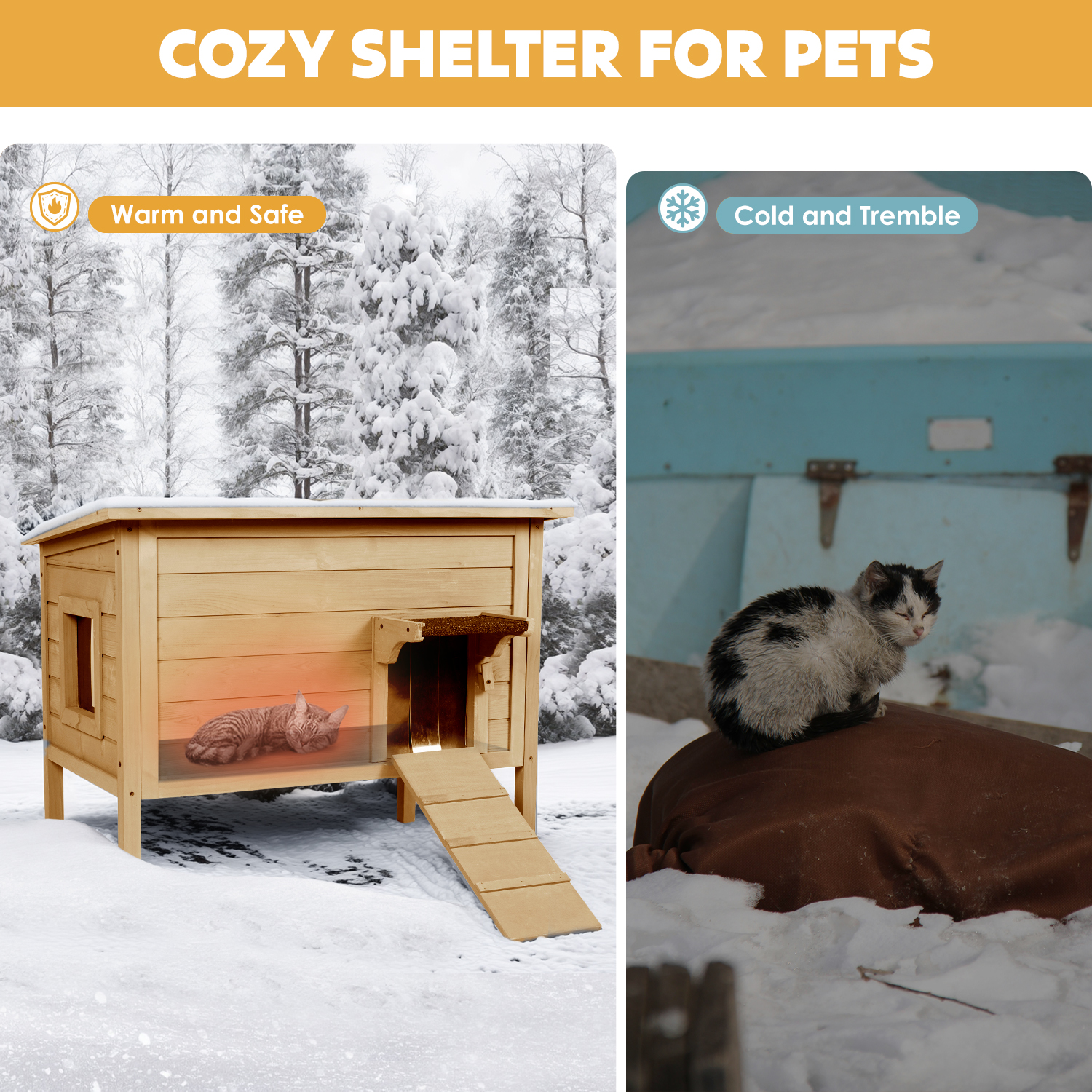 Hidpriva Insulated Wooden Outdoor Cat House, Weather-Resistant Feral Cat Shelter for Winter w/ Foldable Ladder & Visible Window, Brown