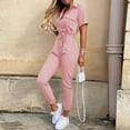 thumbnail image 5 of Guiexla Women Jumpsuit OL Commute Style Turn-down Collar Striped Print Half Single-breasted Short Sleeves Lace-up Slim Waist Slim Leg Ankle-banded Lady Jumpsuit, 5 of 7