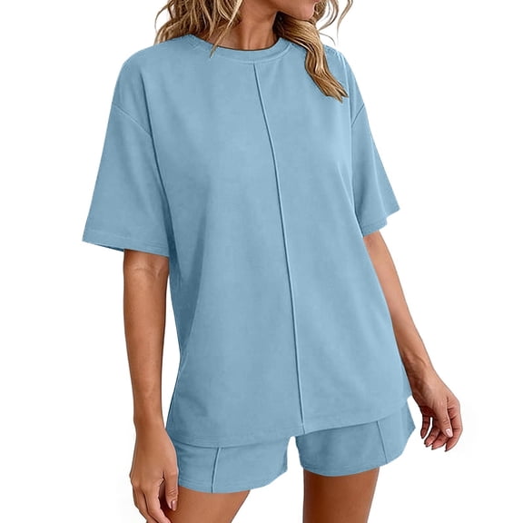 Womens Oversized Loungewear Two Piece Outfits Casual Lounge Shorts Sets Baggy Summer Short Sleeve Plain Matching Set Blue, S