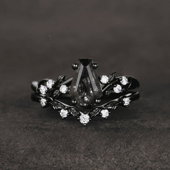 Coffin Cut Black Rutilated Quartz and Diamond Wedding Ring in 14K Black Gold Vermeil- Bridal Ring Set