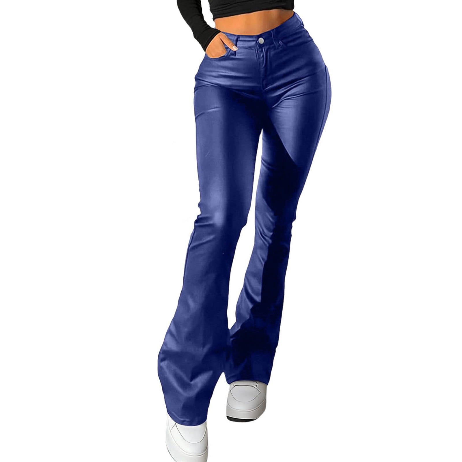 QUNYINEY Tummy Control Compression Leggings for Women Blue Casual Faux Leather Jegging Flare Skinny with Pockets Leggings
