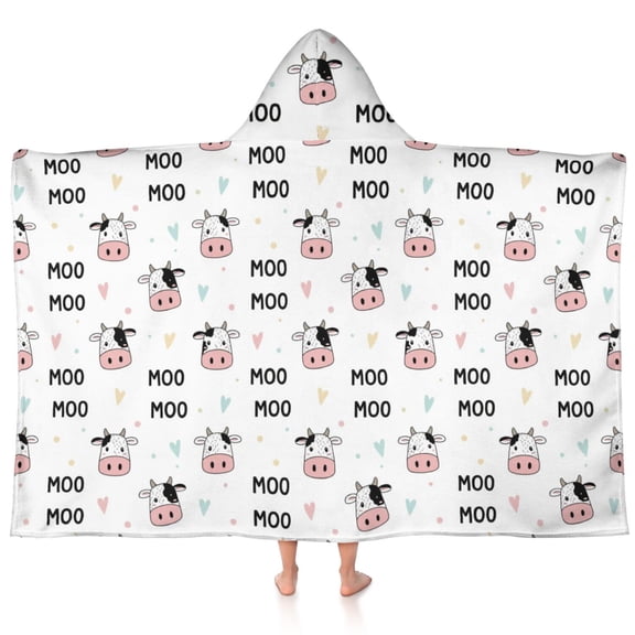 Cow and Text White Pattern Hooded Bath Towel Wrap for Teens Ages 3 To 12, Soft Lightweight Quick Dry Microfiber Bath Beach Pool, 60"x35"