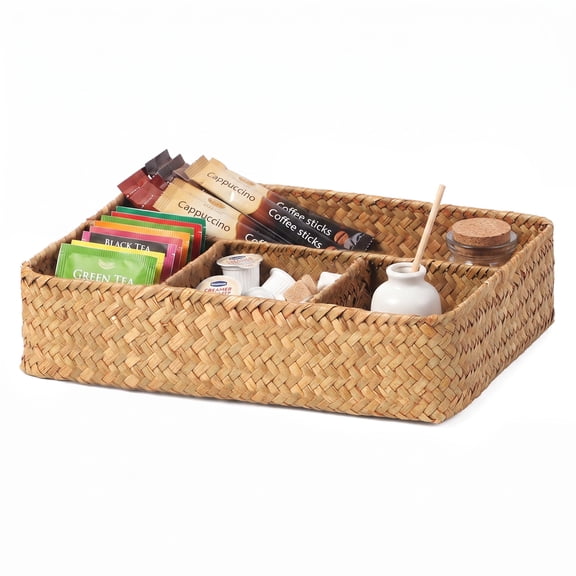 Nonam Seagrass Tea Bag & Sugar Packet Holder,4 Sections Coffee Station Organizer,Handwoven Storage Basket for Shelves,Pantry