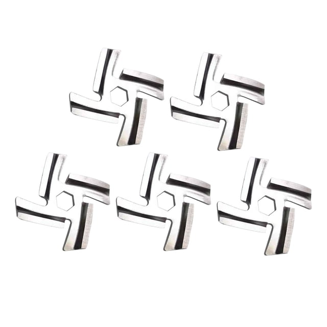 Luzkey 5 Pieces Food Meat Grinder Blade Replacement, featuring stainless steel blades with a hexagonal hole size of 8.3mm (0.33 inches) and a diagonal length of 47mm (1.85 inches). These durable and rust-resistant blades are suitable for most meat grinders, food choppers, and meat cutters. The package includes five replacement blades, ideal for grinding meat, vegetables, and preparing sausages. Easy to clean with water and towel dry.