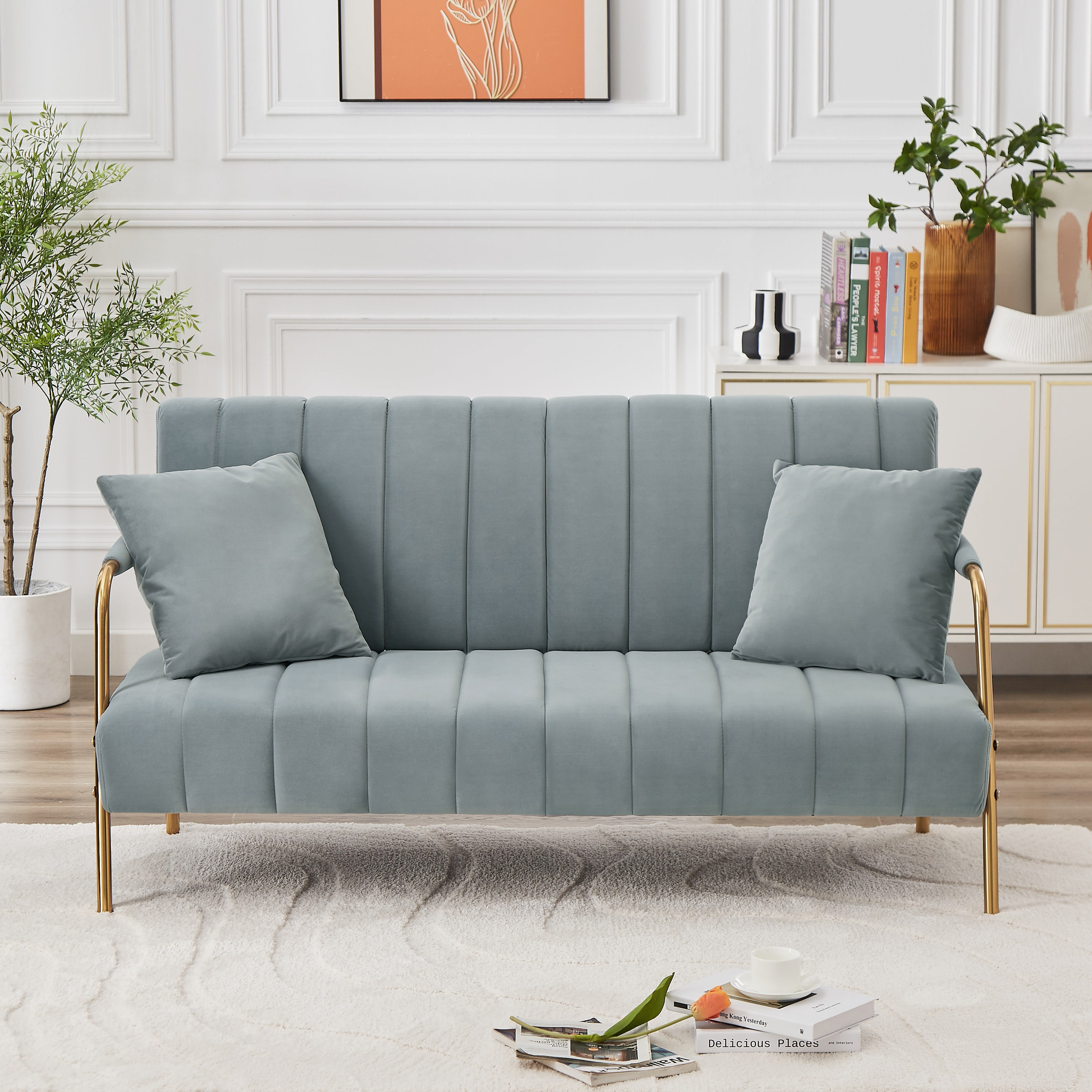 Bianlte Velvet Loveseat Sofa Couch Modern Comfortable Sofa Loveseat Small Sofa Couch for Living Room Bedroom Apartment Dorm Gold Metal Leg 2 Throw