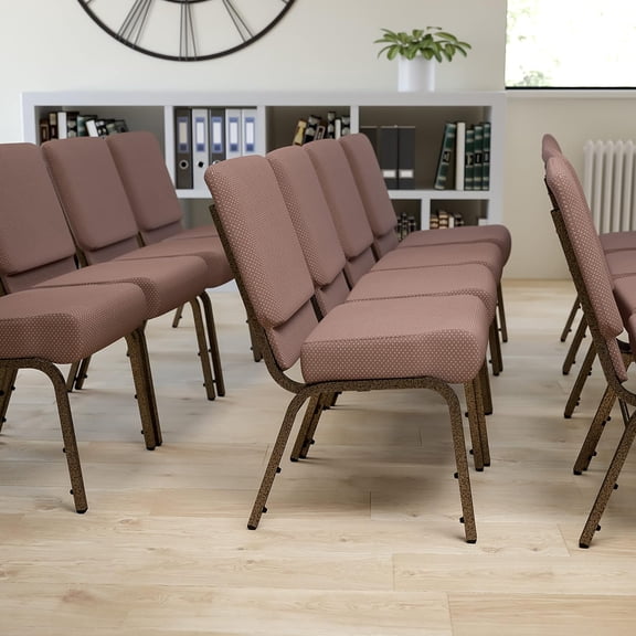 EMMA   OLIVER 21" W Stacking Church Chair in Brown Dot Fabric - Gold Vein Frame