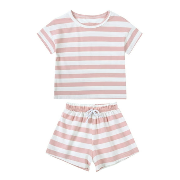 Cethrio Kids Girls' Summer Short Sets, Stripe 2-Piece Short Sleeve Outfit Sets Pink Size 2-3 T