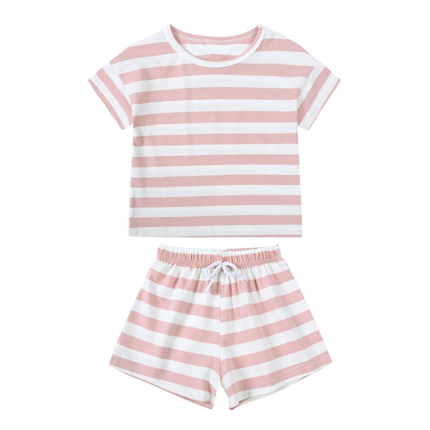 Odeerbi 6M-4Y Niños Niñas Conjuntos de Verano Camiseta de Manga Corta de Algodón A Rayas Pantalones Cortos Conjunto de Dos Piezas Pijama Acondicionado