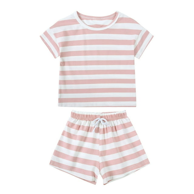 Odeerbi 6M-4Y Niños Niñas Conjuntos de Verano Camiseta de Manga Corta de Algodón A Rayas Pantalones Cortos Conjunto de Dos Piezas Pijama Acondicionado