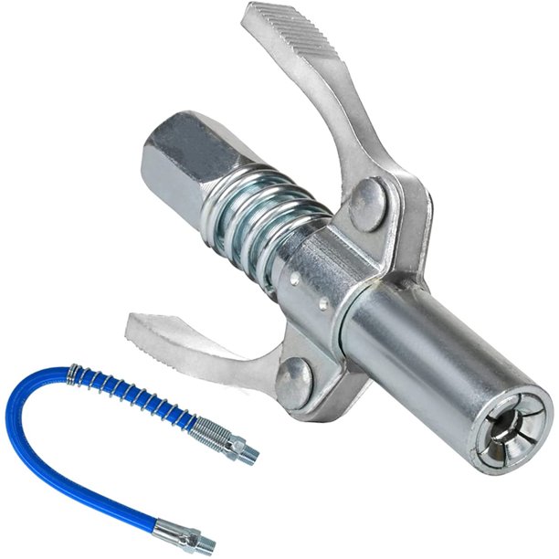Muyoka Acoplador de herramienta de engrase 10000 PSI Punta de herramienta de engrase de bloqueo y liberaci贸n r谩pida con mango doble y manguera Acero inoxidable 1/8" NPT Accesorios de herramienta de e