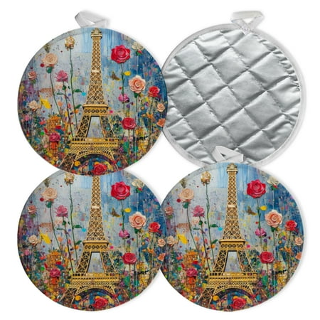 

4 PCS Pot Holders for Kitchen Potholders Sets with Hook for Oven Cooking Baking Dreamy Painting Of Romantic Paris Eiffel Tower With Rose Flowers
