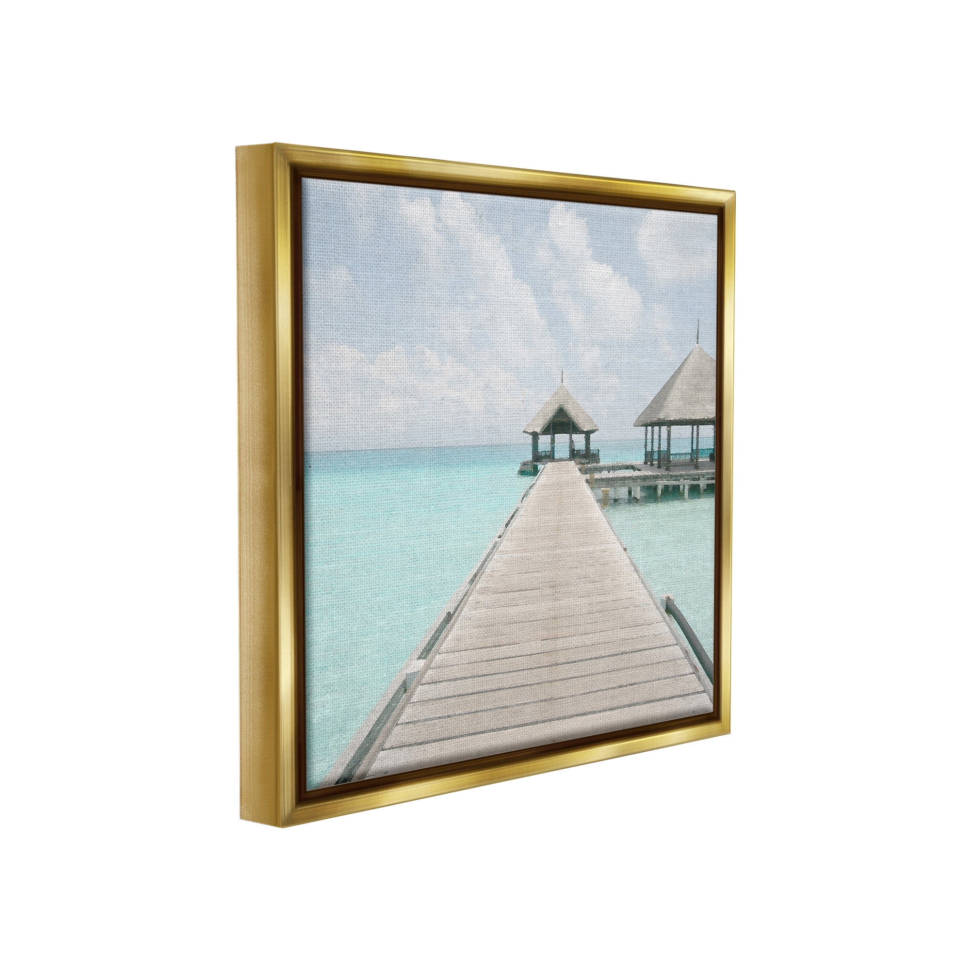 Stupell Industries Tropical Beach Pier Landscape Painting Gold Floater Framed Canvas Art Print Wall Art, 25 x 25