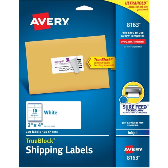 Avery TrueBlock(R) Shipping Labels, Sure Feed(TM) Technology, Permanent Adhesive, 2" x 4" , 250 Labels (8163)