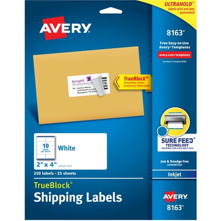 Avery TrueBlock(R) Shipping Labels, Sure Feed(TM) Technology, Permanent Adhesive, 2" x 4" , 250 Labels (8163)