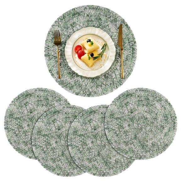 VCVCOO Round Braided Placemats Set of 4 Table Mats for Dining Tables Woven Washable Place Mats 15 inch Green