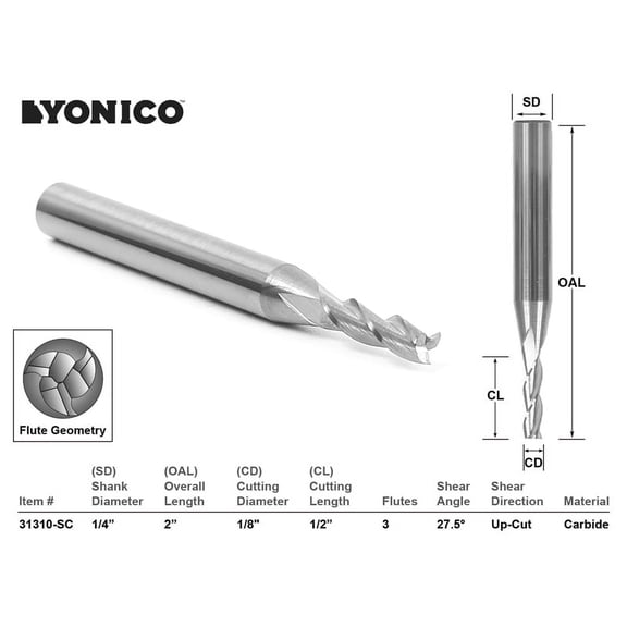 Yonico CNC Router Bit Up Cut Solid Carbide 1/8" X 1/2" X 1/4" X 2" - 31310-SC
