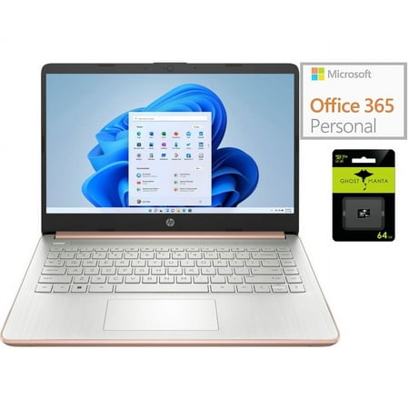 HP Newest 14" Ultral Light Laptop for Students and Business, Intel Quad-Core N4120, 4GB RAM, 128GB Storage(64GB eMMC+64GB Ghost Manta SD), 1 Year Office 365, Webcam, HDMI, WiFi, USB-A&C, Win 11 S