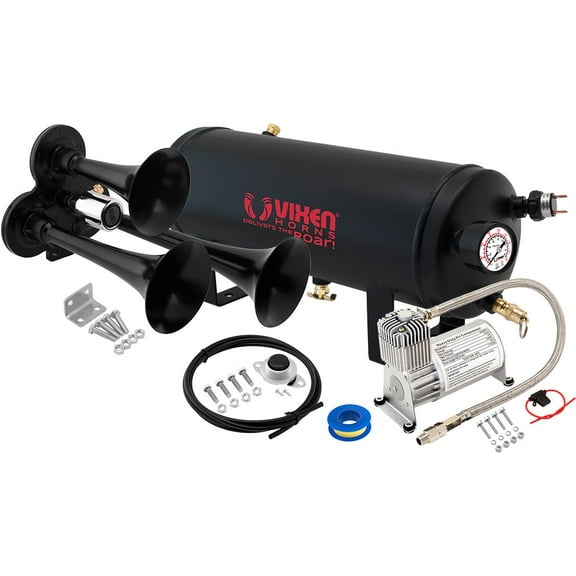 Vixen Horns Train Horn Kit for Trucks/Car/Semi. Complete Onboard System- 150psi Air Compressor, 1.5 Gallon Tank, 3 Trumpets. Super Loud dB. Fits Vehicles like Pickup/Jeep/RV/SUV 12v VXO8715/3311B