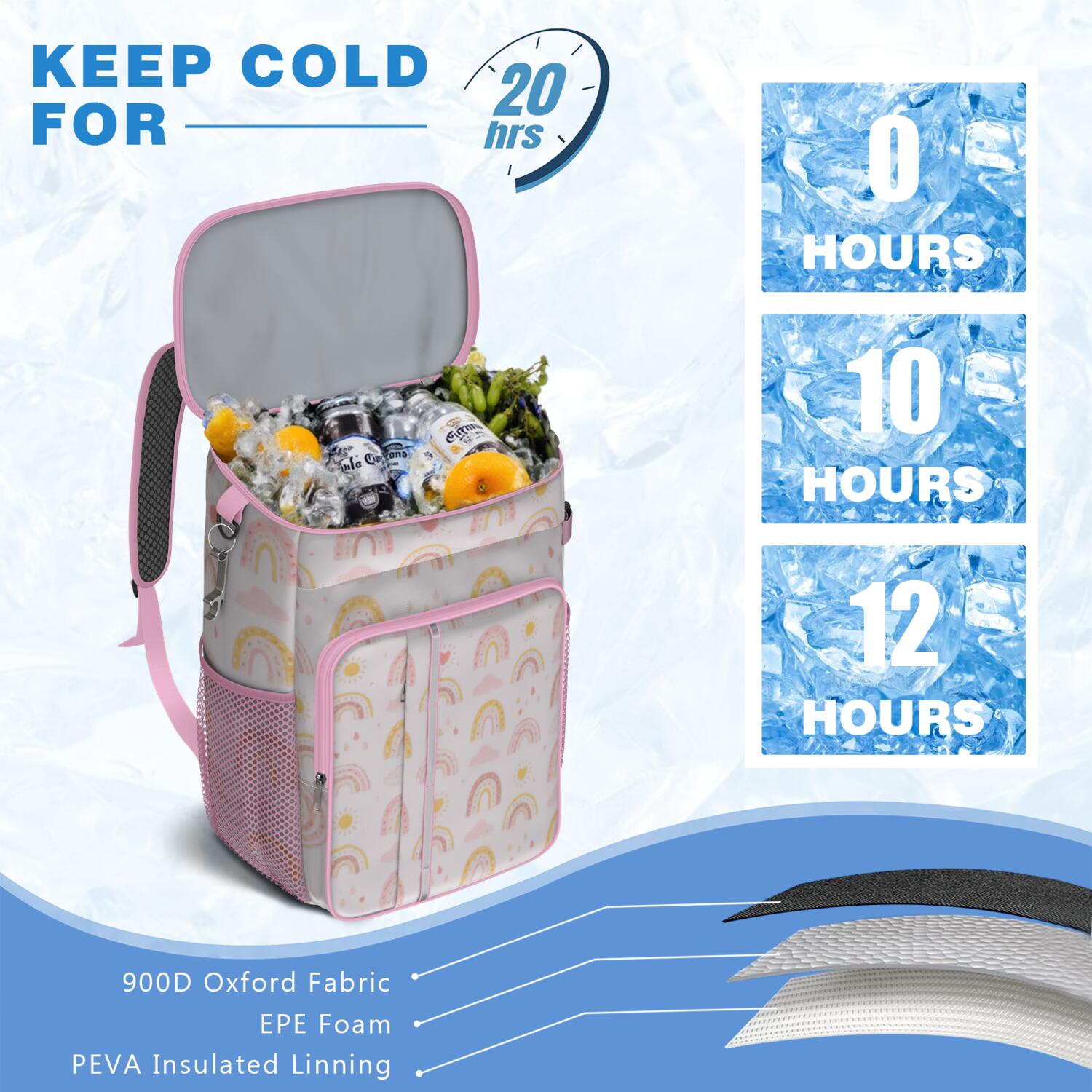 Camping Cooler Backpack 26 Cans,Soft Backpack Coolers Insulated Leak Proof Travel Cooler Bag Waterproof Lunch Picnic Beach Work Trip Thermal Bag Drink Beverage Beer Bag Cooler Rainbow Cartoon