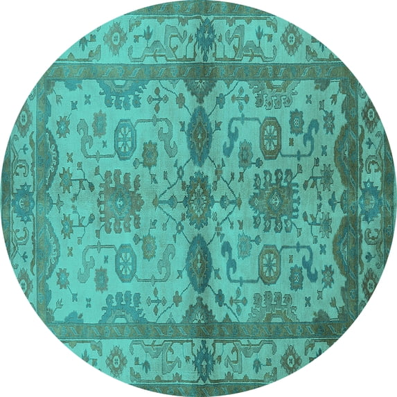 Ahgly Company Machine Washable Indoor Round Oriental Turquoise Blue Traditional Area Rugs, 6' Round