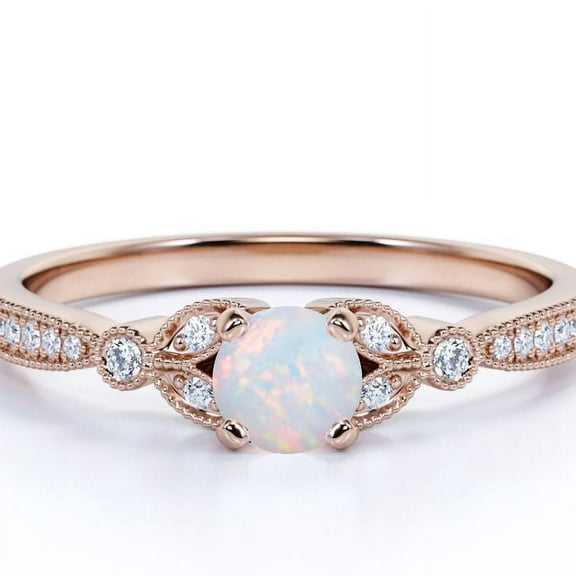 JeenMata Vintage 1 ct round Welo Opal and Moissanite Floral Engagement Ring in 18K Rose Gold over Silver