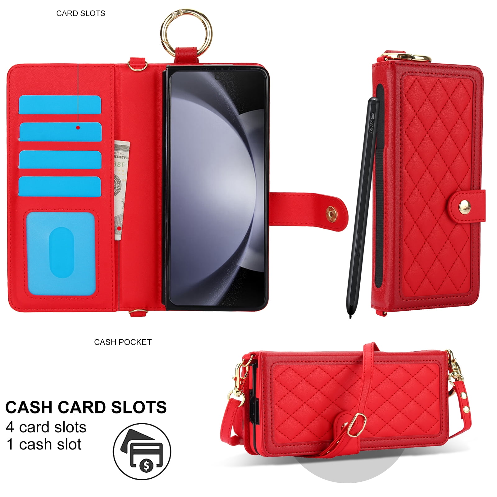REQO Flip Phone Case for Samsung Galaxy Z Fold 6,Multifunctional Leather Wallet Cover with Wrist Strap Long Shoulder Strap RFID Blocking Case,Red