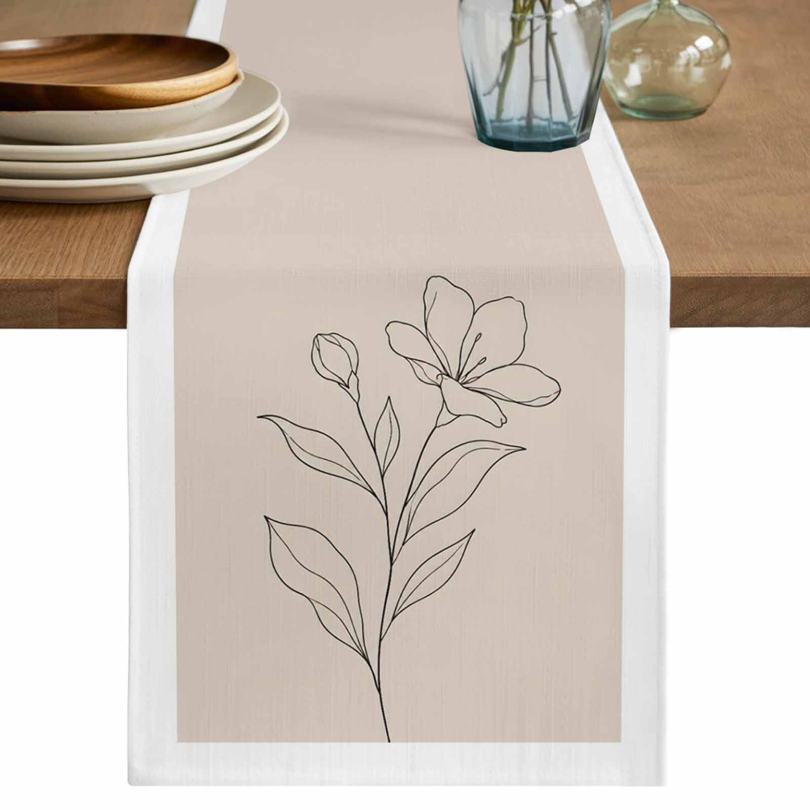 Minimalist Floral Table Runner Modern Flower Black Line Art Botanical Beige Cotton Linen Table Cloth Tablerunner for Kitchen Dining Party Wedding Home Decor 13x60 Inch