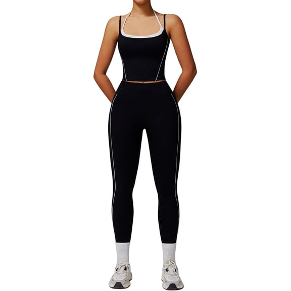 PISONIC Womens Workout Sets Two Piece Spaghetti Straps Tank Top Matching High Waist Leggings Gym Work Out Outfits with Pockets